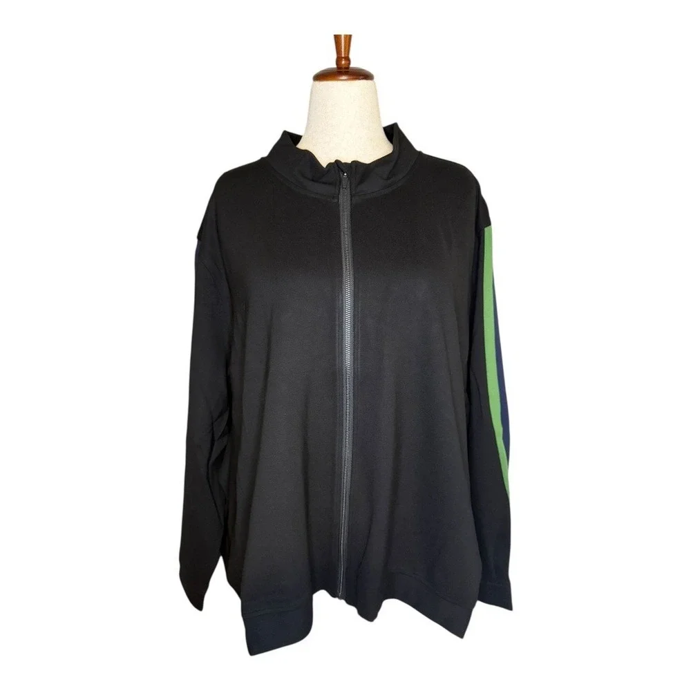 Universal Standard Black Track Jacket Zip Up Collar Green Stripe Sleeve Size 3XL